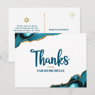 Cartão Postal Bat Mitzvah Ouro Turquesa Ágata Roteiro Obrigada