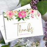 Cartão Postal Bat Mitzvah Pink Dourado Script Floral Obrigado<br><div class="desc">Certifique-se de que o seu Bat Mitzvah favorito mostre o seu apreço a todos os que apoiaram o seu evento principal! Envie este obrigado sofisticado e personalizado que você faz cartão-postal! Uma aquarela floral chica, atordoante, rosa e pêssego com uma tipografia falsa de folha de ouro e um tipo de...</div>