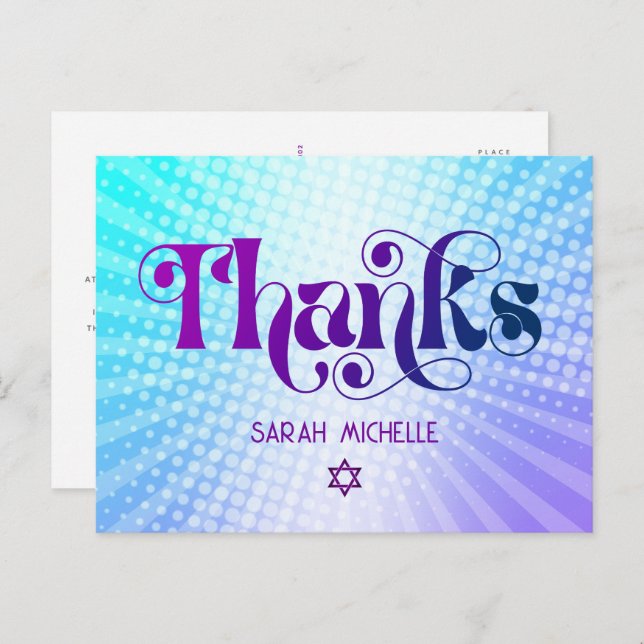Cartão Postal Bat Mitzvah Retro Blue Roxo Gradação Obrigado (Frente/Verso)