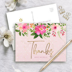 Cartão Postal Bat Mitzvah Rosa Floral Dourado Script Agradecimen