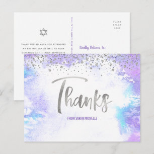 Cartão Postal Bat Mitzvah Roteiro em Prata Roxo Aquarela Obrigad