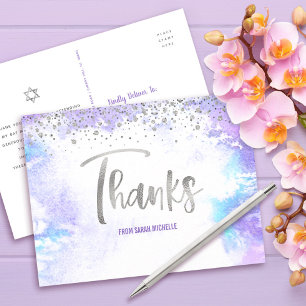 Cartão Postal Bat Mitzvah Roteiro em Prata Roxo Aquarela Obrigad