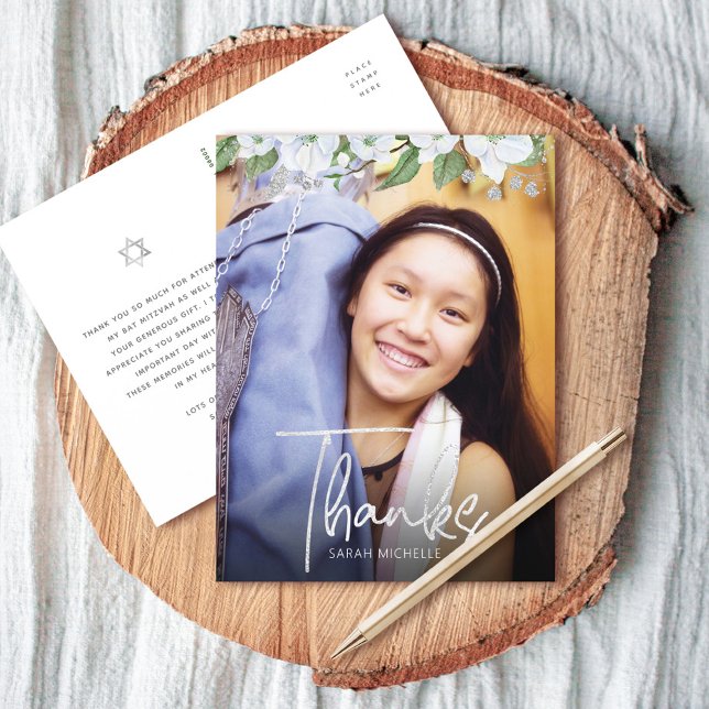 Cartão Postal Bat Mitzvah Script Photo Silver Floral Obrigado (Criador carregado)