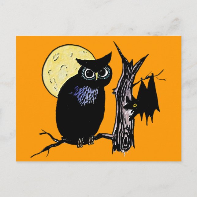 Cartão Postal Bat Moon e Owl no Halloween (Frente)