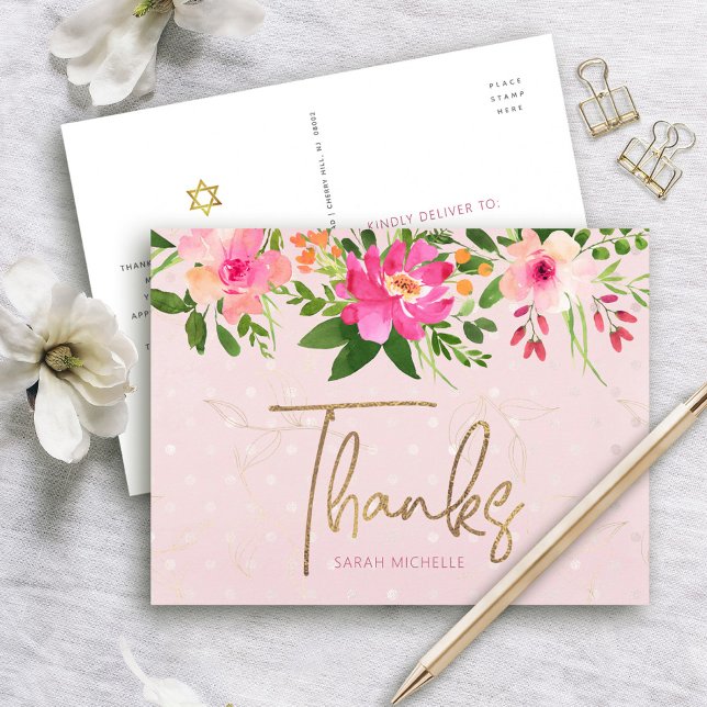 Cartão Postal Bat Rosa Mitzvah Escrito Dourado Floral Obrigado N (Criador carregado)