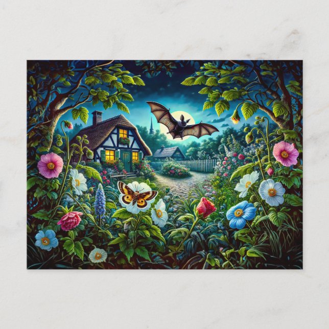 Cartão Postal Bat Voando no Jardim à Noite (Frente)