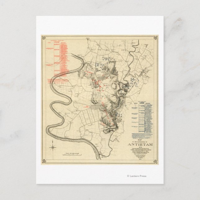 Cartão Postal Batalha de Antietam - Mapa Panorâmico da Guerra Ci (Frente)