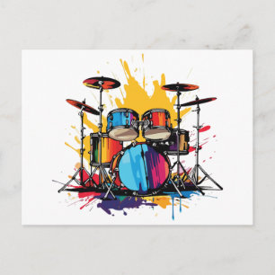 Cartão Postal Baterista Tinta Gotejamento Salpico Tambores Kit M