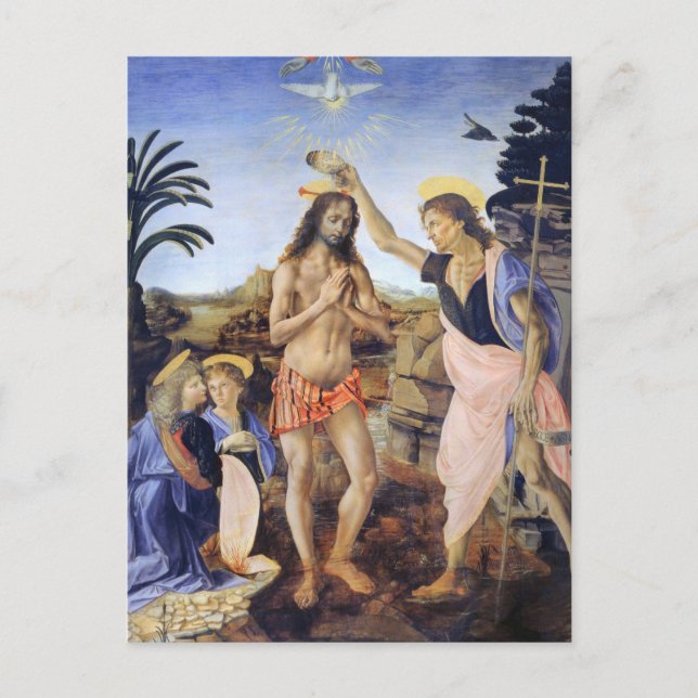 Cartão Postal Batismo de Cristo por Verrocchio, Leonardo da Vinc (Frente)