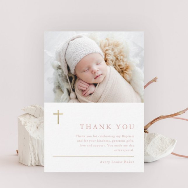 Cartão Postal Batismo de Foto Mínimo Dourado Moderno Obrigado (Elegant gold cross baby photo baptism thank you postcard.)