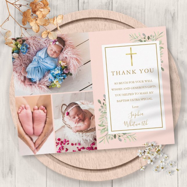 Cartão Postal Batismo Verde Blush 3 Foto Rosa 3 Muito Obrigado (Baptism Greenery Blush Pink 3 Photo Thank You Postcard)