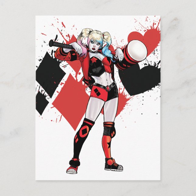 Cartão Postal Batman | Harley Quinn Hearts & Diamantes Splatter (Frente)