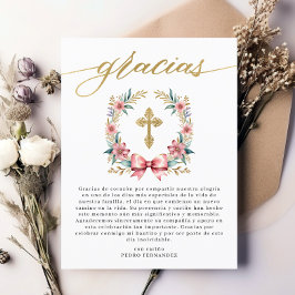 Cartão Postal Bautizo Rosa e Dourado Agradecimento Espanhol 