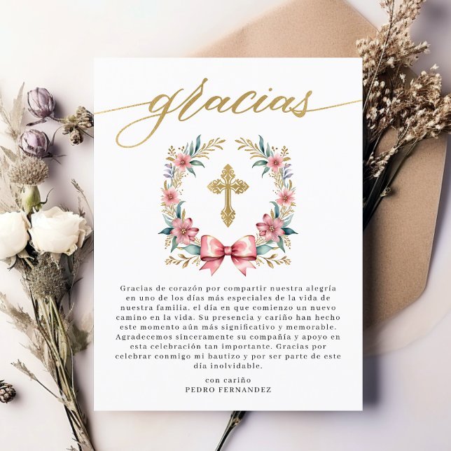 Cartão Postal Bautizo Rosa e Dourado Agradecimento Espanhol  (Criador carregado)