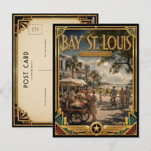 Cartão Postal Bay St. Louis Mississippi Arte Deco Vintage Dourad