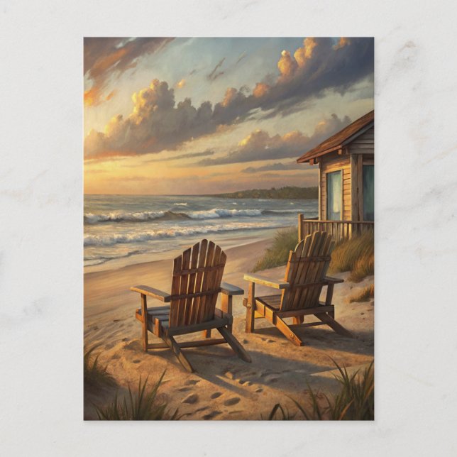Cartão Postal Beach Chairs Sunset Coastal Ocean Vacation (Frente)