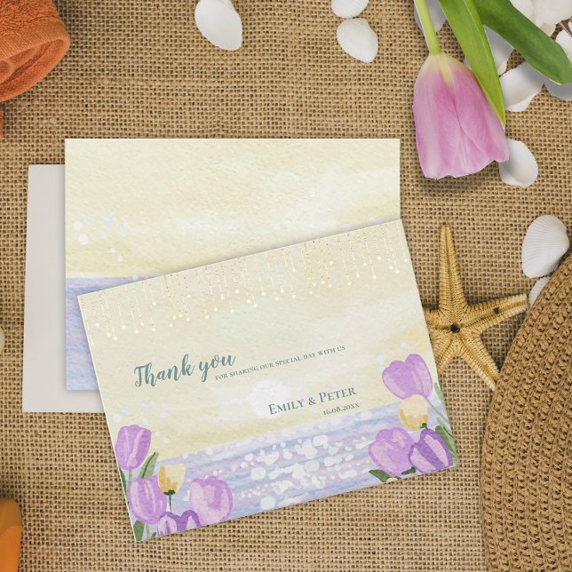 Cartão Postal Beach Coastal Purple Floral Wedding Thank You (Beach Coastal Purple Floral Wedding Thank You Postcard)