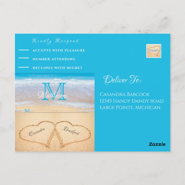 Cartão Postal Beach Wedding Hearts in the Sand RSVP (Verso)