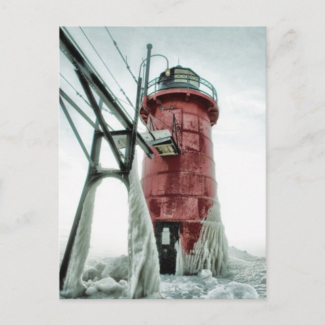Cartão Postal Beacon Frozen Red South Haven Lighthouse Winter (Frente)
