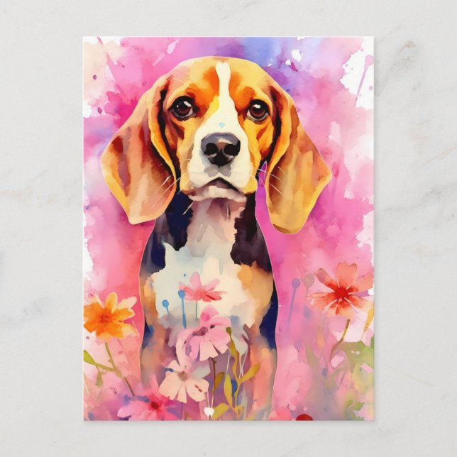 Cartão Postal Beagle com flores Aquarela (Frente)