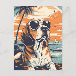 Cartão Postal Beagle com óculos escuros em uma praia