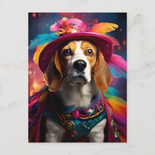 Cartão Postal Beagle em um chapéu de penas