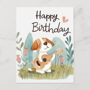 Cartão Postal Beagle Fofo com um violão Feliz Aniversário 