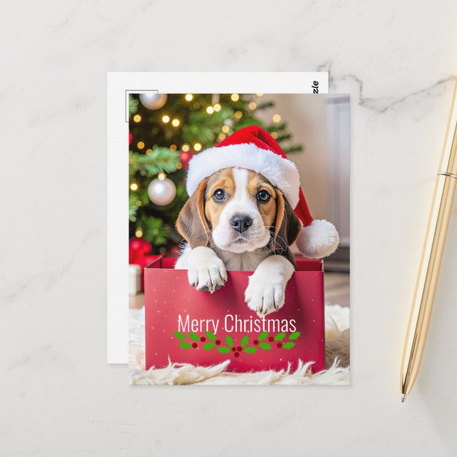 Cartão Postal Beagle Puppy Christmas Design, (Frente/Verso In Situ)