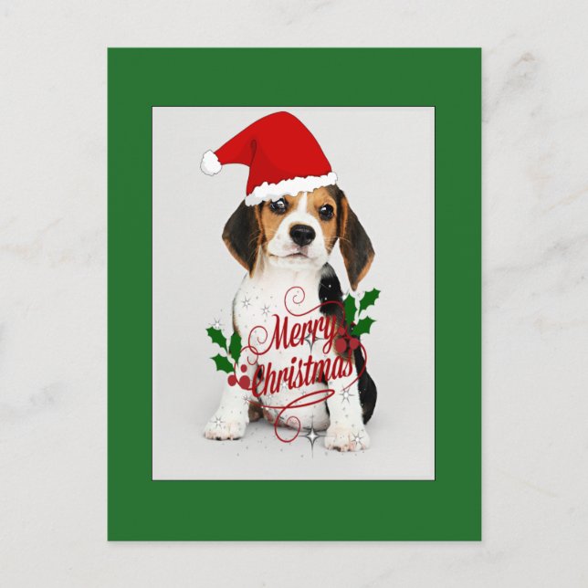 Cartão Postal Beagle Puppy em Santa Hat - Feliz Natal (Frente)