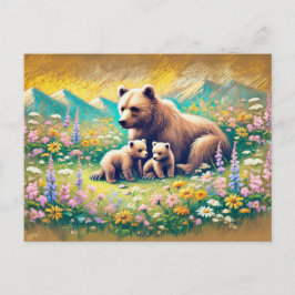 Cartão Postal Bear Family em Mountain Meadow Pastel Chalk Drawin
