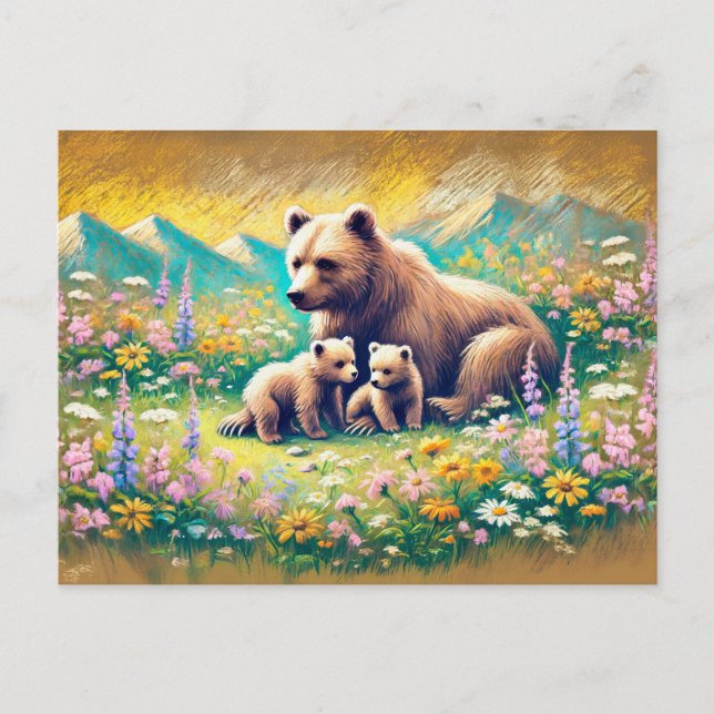 Cartão Postal Bear Family em Mountain Meadow Pastel Chalk Drawin (Frente)
