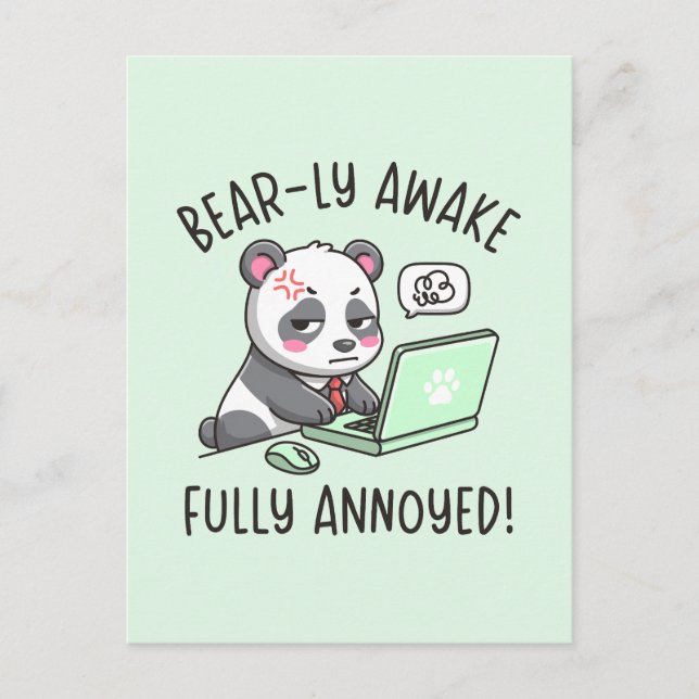 Cartão Postal Bear-ly Awake Fully Annoyed - Panda Office Humor (Frente)