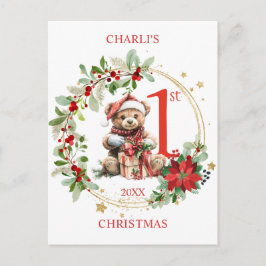 Cartão Postal Bear Poinsettia Foliage Bebê Primeiro Natal
