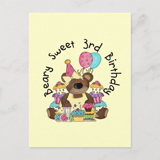 Cartão Postal Beary Sweet aniversário de 3 anos Camisetas e pres (Frente)