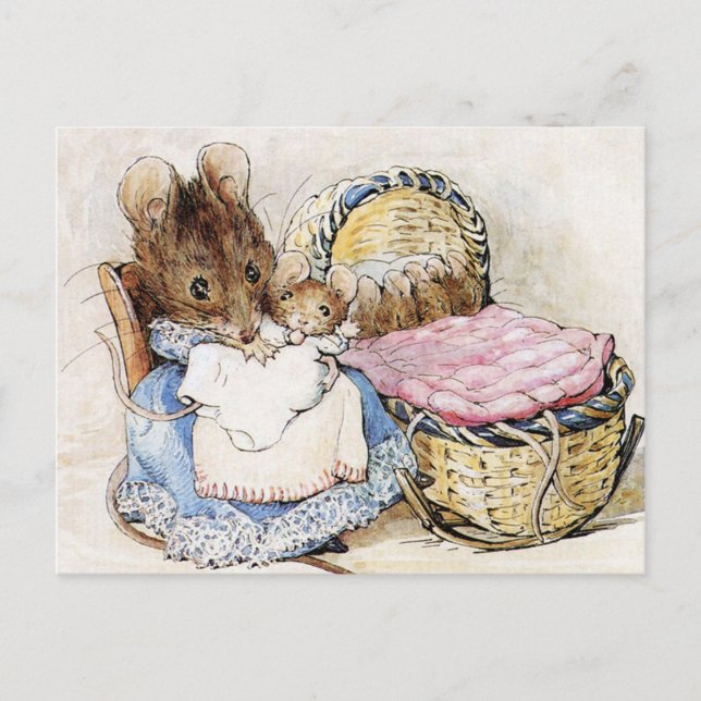 Cartão Postal Beatrix Potter Mãe e Ratos Bebês (Frente)