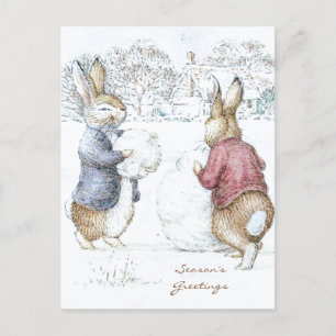 Cartão Postal Beatrix Potter Snowman e Bunnies Holiday