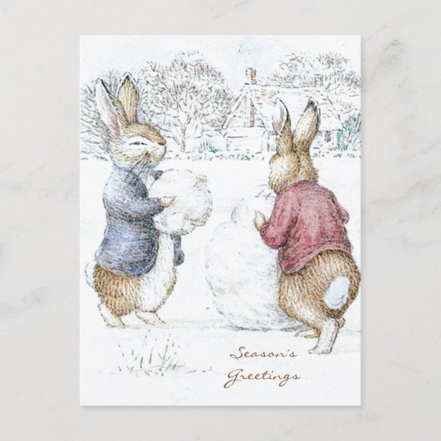 Cartão Postal Beatrix Potter Snowman e Bunnies Holiday (Frente)