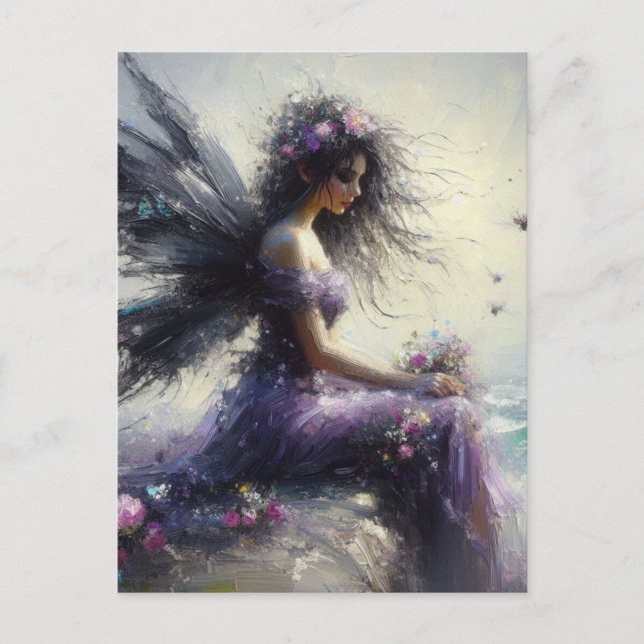 Cartão Postal Beautiful Fairy Sitting on a Cliff Wearing Purple (Frente)