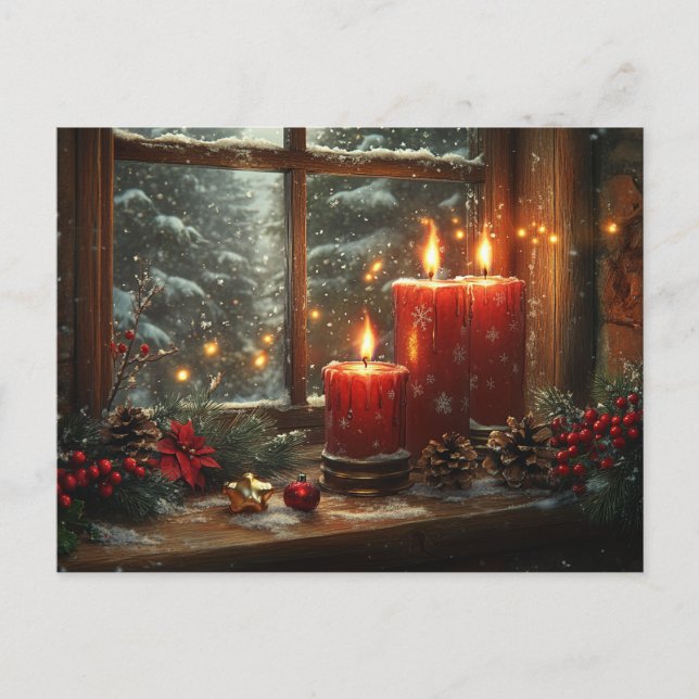 Cartão Postal Beautiful Glowing Red Candles Pine Cones Berries (Frente)