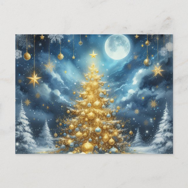 Cartão Postal Beautiful golden Christmas tree blue (Frente)