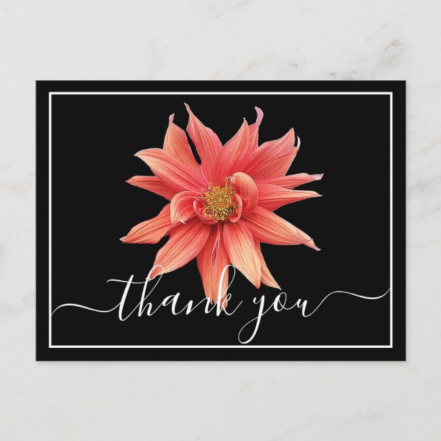 Cartão Postal Beautiful Orange Dahlia Black Back Chic Thank You (Frente)