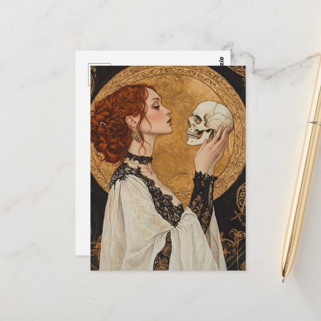 Cartão Postal Beautiful Red haired Goddess Woman With a Skull (Frente/Verso In Situ)