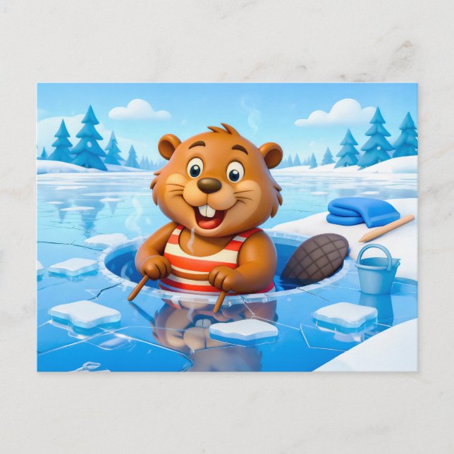 Cartão Postal Beaver Ice Bathing in a Striped Swimsuit (Frente)