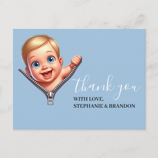 Cartão Postal Bebê Azul Fazendo Pequim Chá de fraldas Obrigado (Frente)
