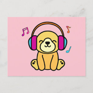 Cartão Postal Bebê cachorro cachorrinho feliz sorrindo com fones