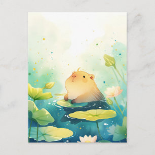 Cartão Postal Bebê Capivara em Folha de Lótus no Lago White Lotu