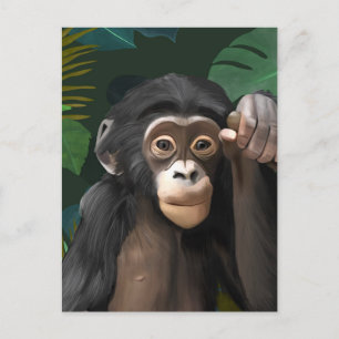 Cartão Postal Bebê Chimpanzé Fofo Folhas da Selva Tropical