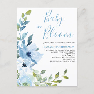 Cartão Postal Bebê Em Chá de fraldas Floral Azul De Sangue