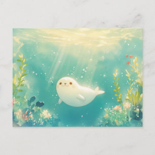 Cartão Postal Bebê Foca Adorável no Oceano Luminoso