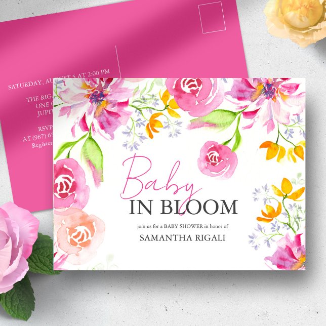 Cartão Postal Bebê No Bloom Floral Watercolor Chá (Baby in bloom invitations postcard watercolor pink, peach and orange florals by Victoria Grigaliunas)
